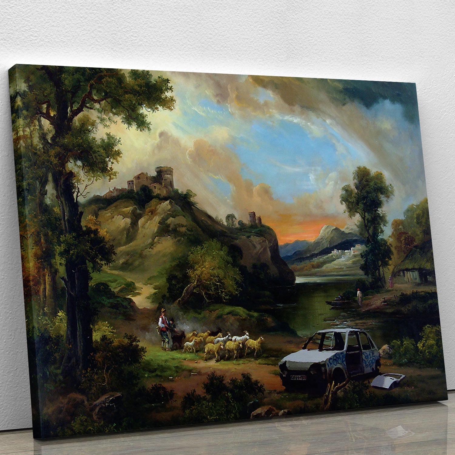 Banksy Vandalised Car Canvas Print featuring urban street art style, vibrant colors, and modern design, perfect for home decor.