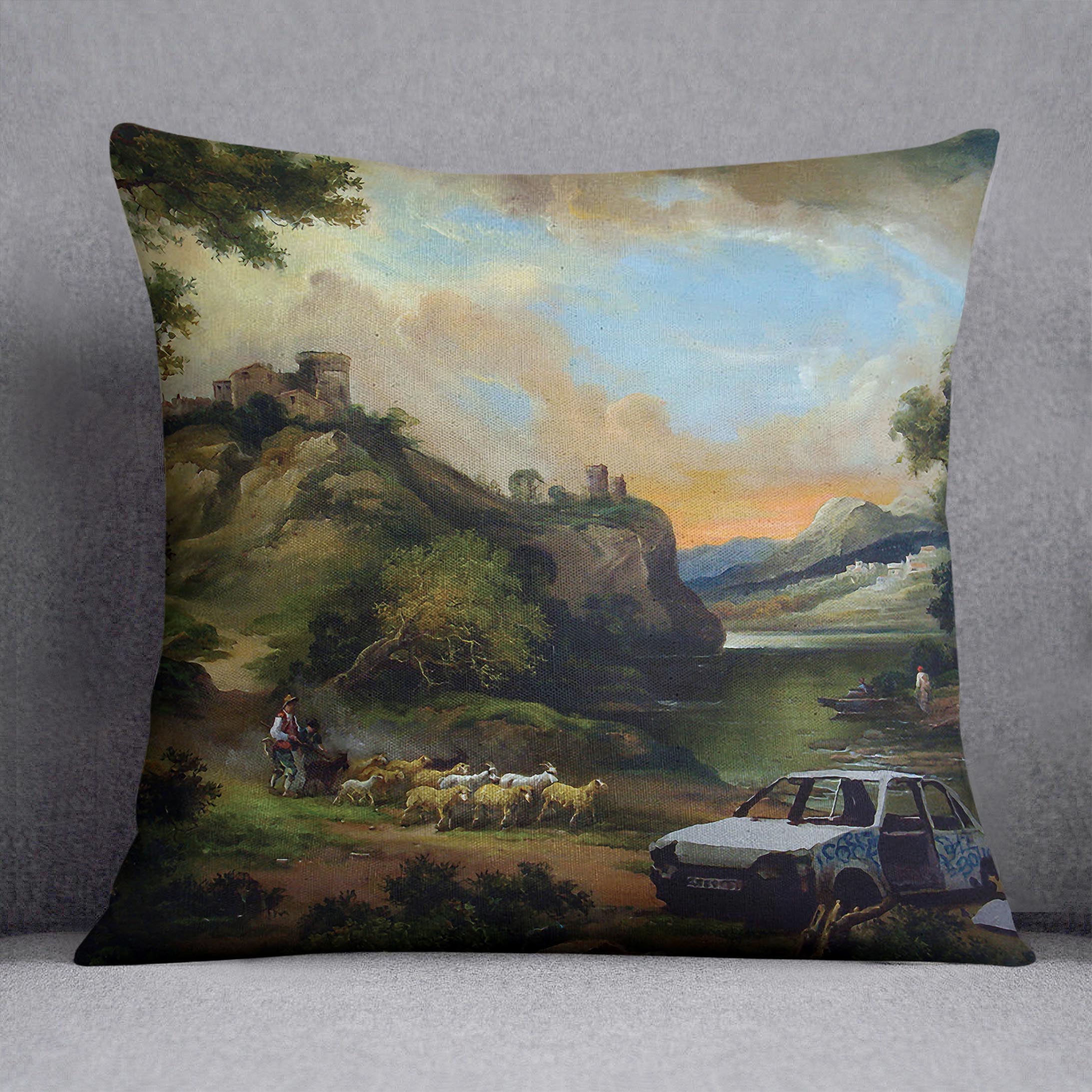 Banksy Vandalised Car Cushion featuring vibrant abstract design on luxurious vegan faux suede fabric.