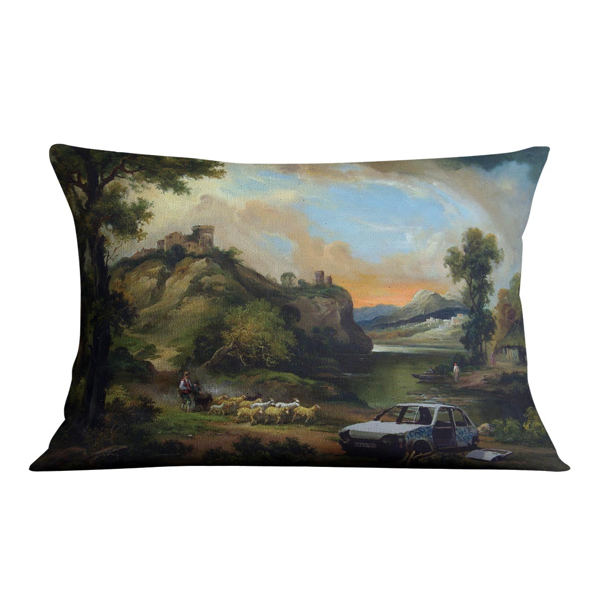 Banksy Vandalised Car Cushion featuring vibrant abstract design on luxurious vegan faux suede fabric.