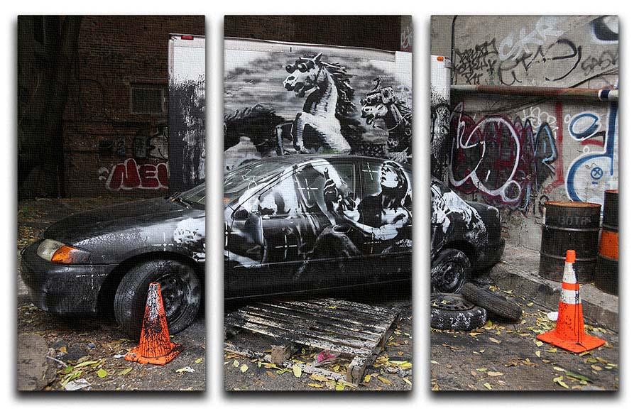 Banksy War Horse 3 Split Panel Canvas Print featuring a striking design across three panels, ideal for modern decor.