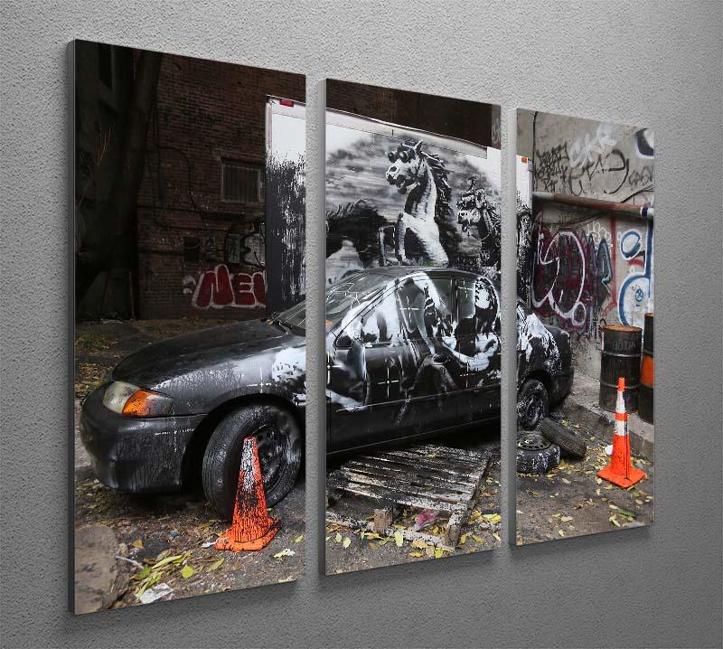 Banksy War Horse 3 Split Panel Canvas Print featuring a striking design across three panels, ideal for modern decor.