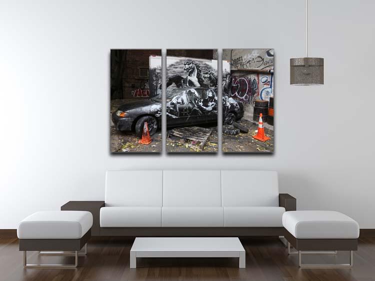 Banksy War Horse 3 Split Panel Canvas Print featuring a striking design across three panels, ideal for modern decor.