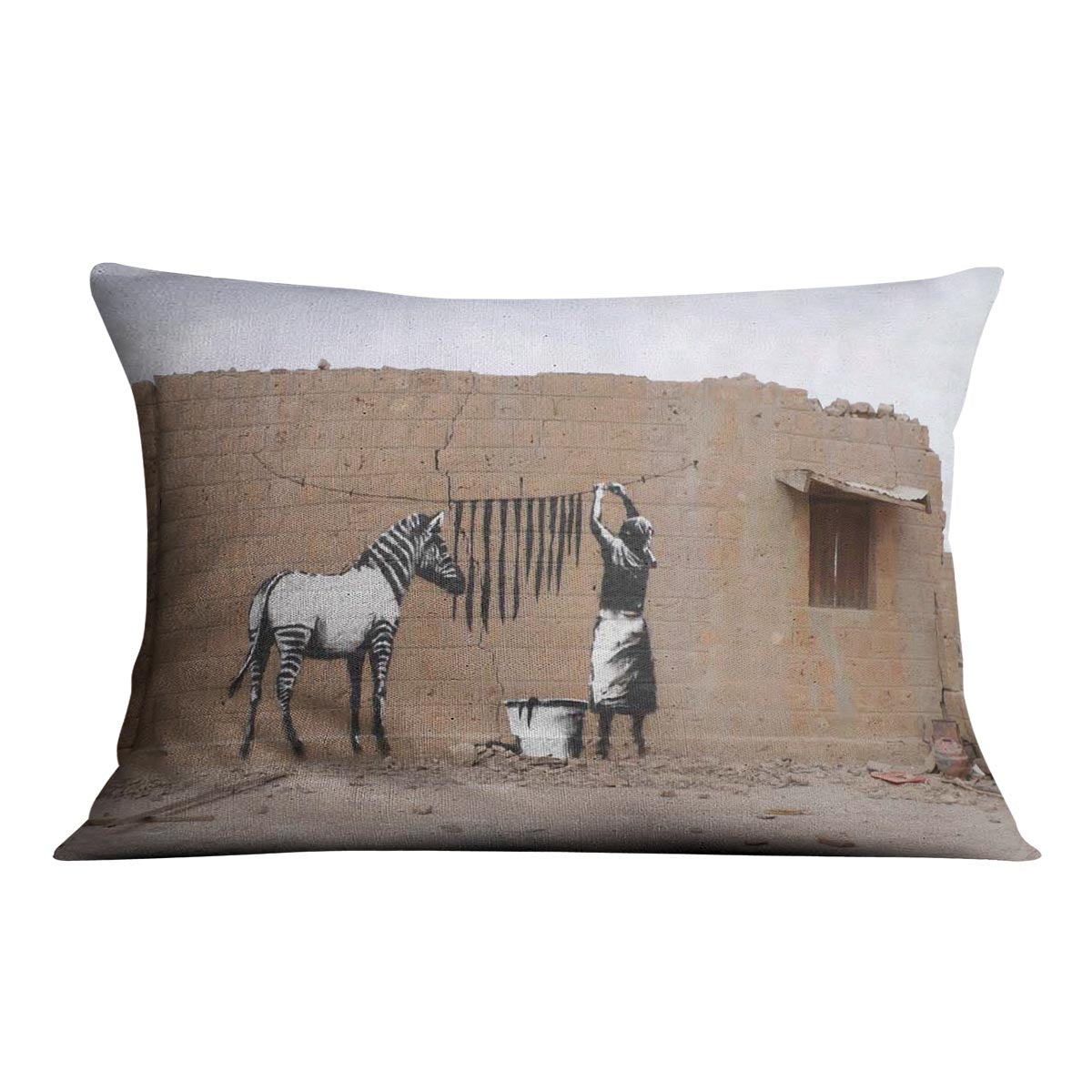 Banksy Washing Zebra Stripes Cushion featuring vibrant abstract design on luxurious vegan faux suede fabric.