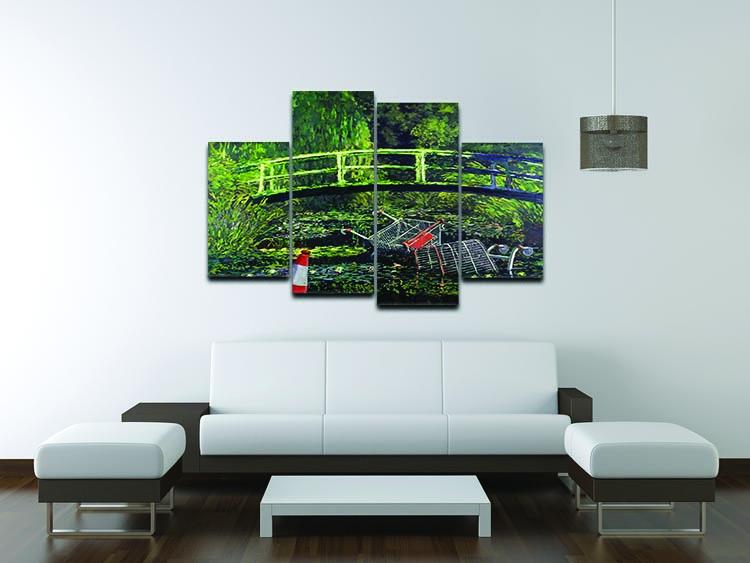 Banksy Water Lilies Trash 4 Split Panel Canvas artwork featuring vibrant colors and a unique split design.