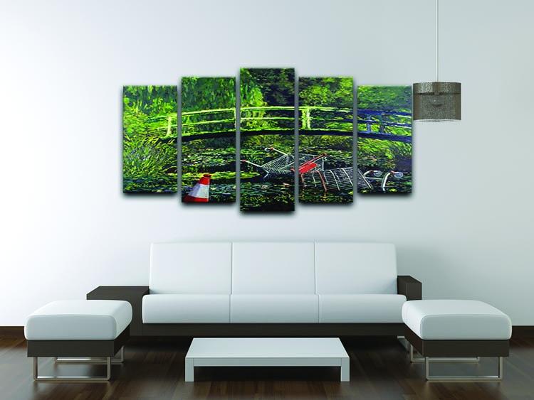 Banksy Water Lilies Trash 5 Split Panel Canvas artwork featuring vibrant colors and dynamic design across five panels.