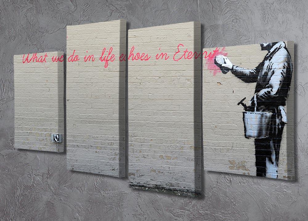 Banksy What We Do In Life 4 Split Panel Canvas artwork displayed in a modern setting, showcasing its dynamic split panel design.