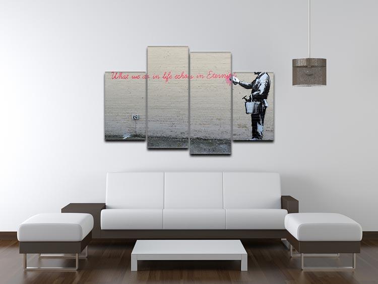 Banksy What We Do In Life 4 Split Panel Canvas artwork displayed in a modern setting, showcasing its dynamic split panel design.