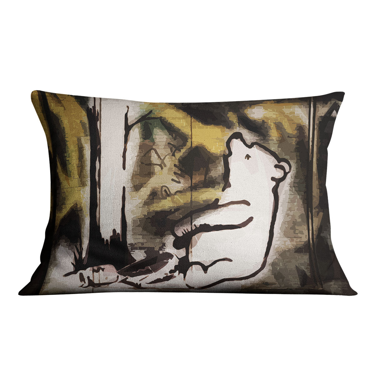 Banksy Winnie the Pooh Bear Trap Cushion featuring vibrant colors and plush vegan faux suede material.