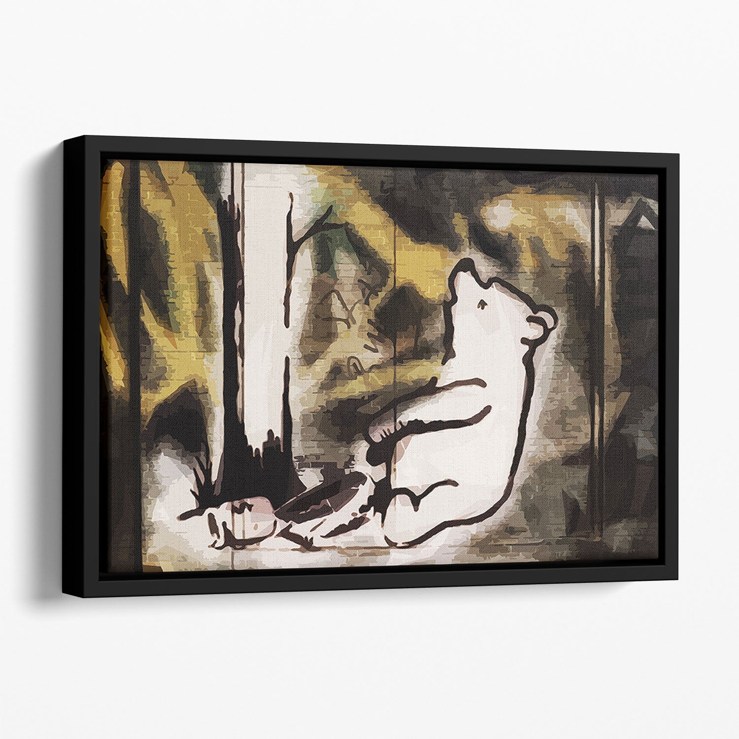 Banksy-inspired Winnie the Pooh Bear Trap floating framed canvas art, featuring vibrant colors and abstract design.