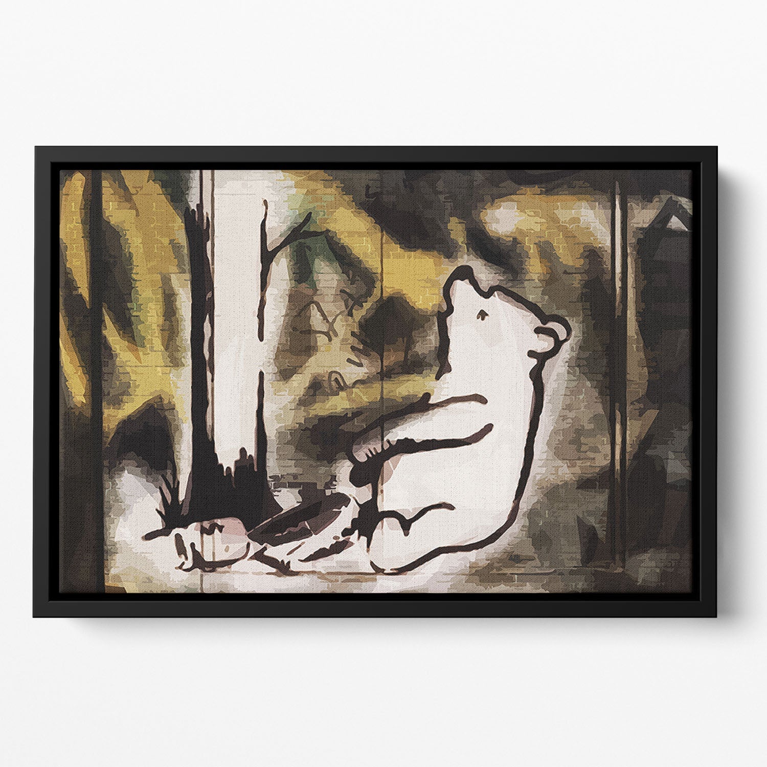 Banksy-inspired Winnie the Pooh Bear Trap floating framed canvas art, featuring vibrant colors and abstract design.