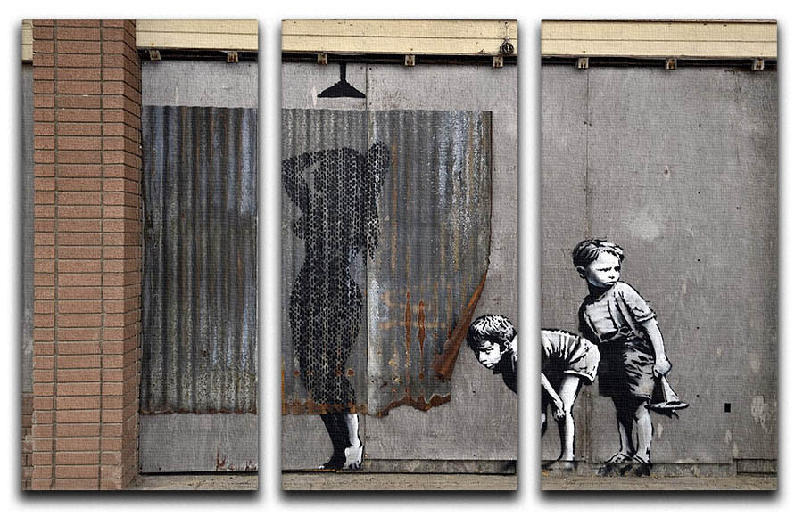 Banksy Woman In Shower 3 Split Panel Canvas Print featuring three panels with vibrant colors and intricate details.
