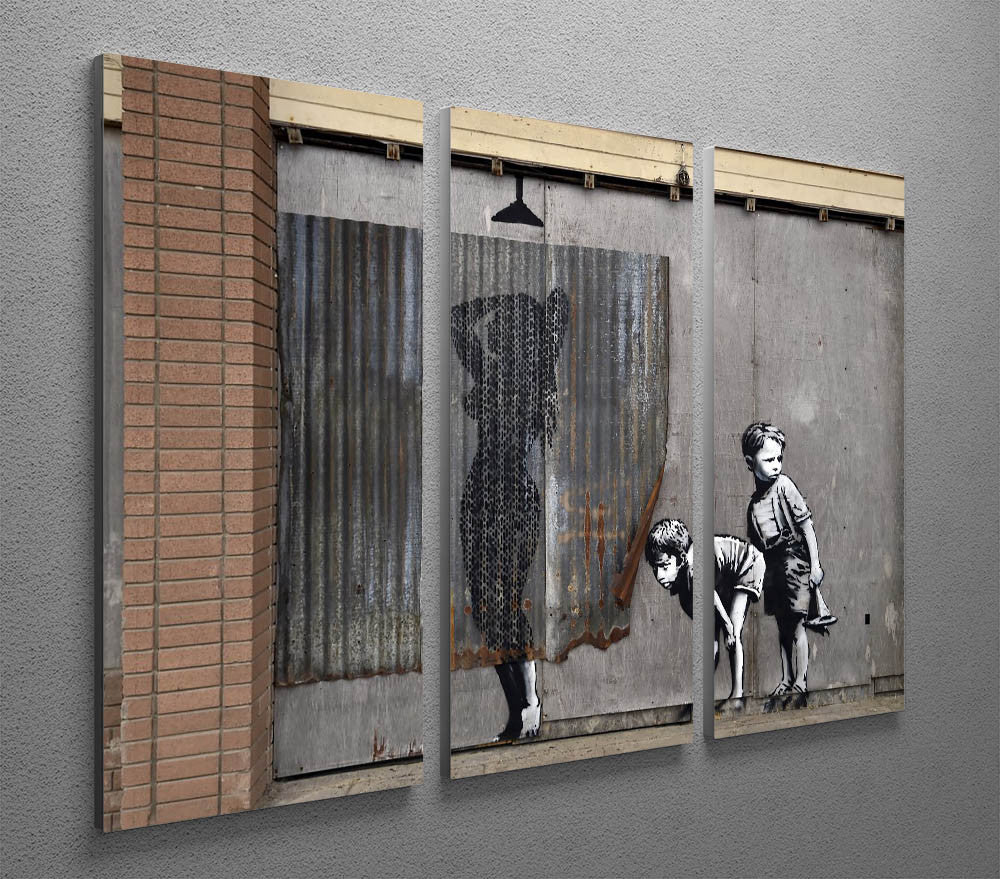 Banksy Woman In Shower 3 Split Panel Canvas Print featuring three panels with vibrant colors and intricate details.
