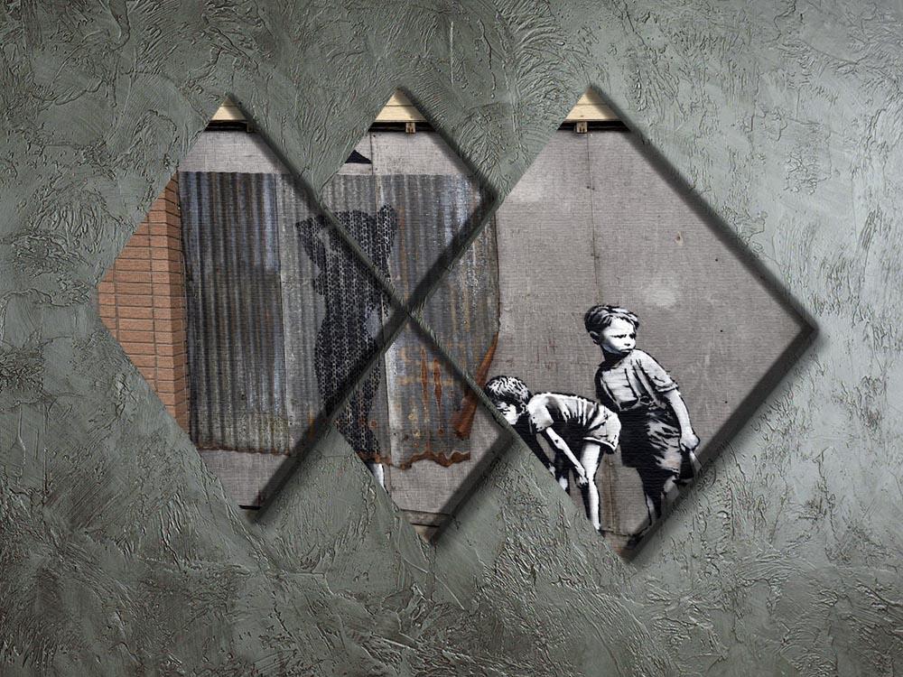 Banksy Woman In Shower 4 Square Multi Panel Canvas artwork featuring four equal panels with a striking design.