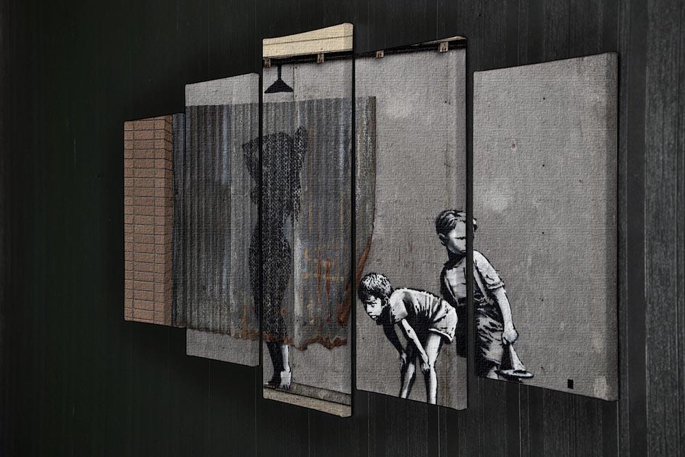 Banksy Woman In Shower 5 Split Panel Canvas artwork featuring a woman in a shower, divided into five panels for a dynamic display.