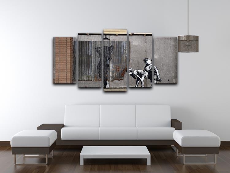 Banksy Woman In Shower 5 Split Panel Canvas artwork featuring a woman in a shower, divided into five panels for a dynamic display.