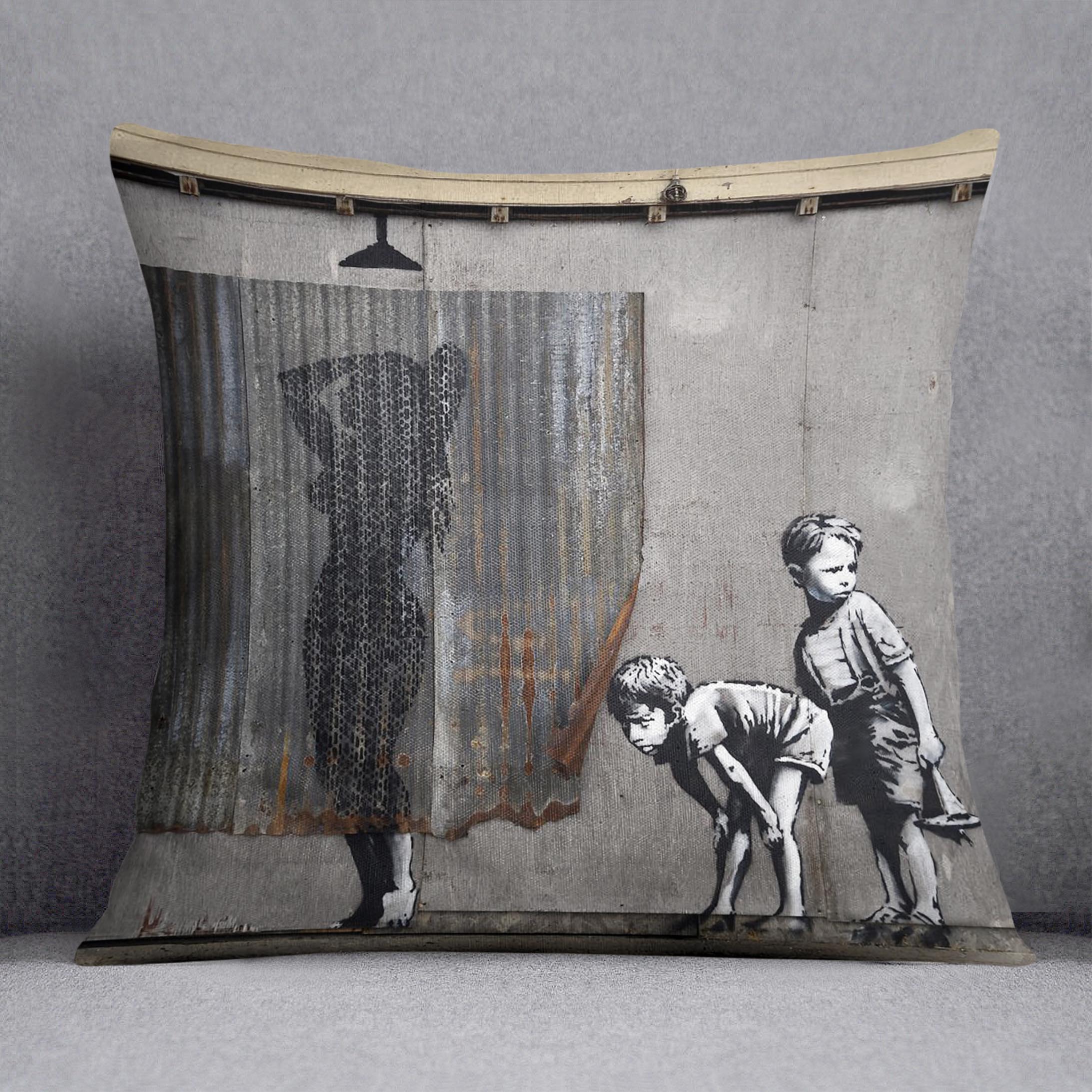 Banksy Woman In Shower Cushion featuring vibrant abstract design on luxurious vegan faux suede.