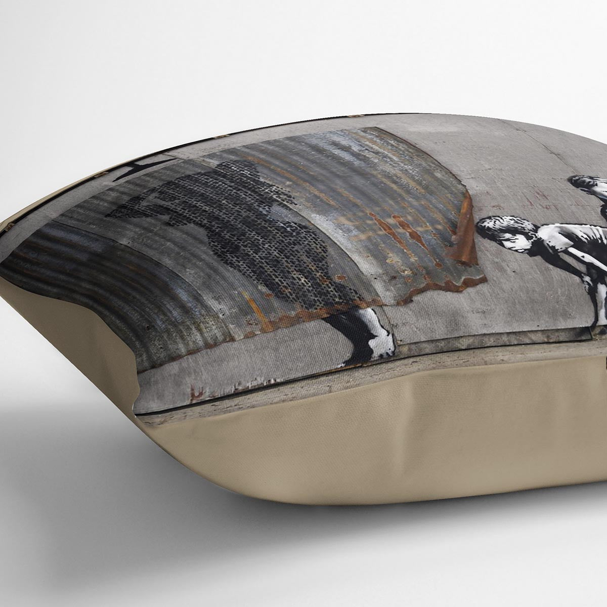 Banksy Woman In Shower Cushion featuring vibrant abstract design on luxurious vegan faux suede.