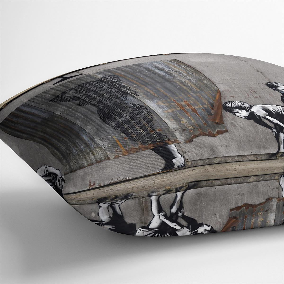 Banksy Woman In Shower Cushion featuring vibrant abstract design on luxurious vegan faux suede.