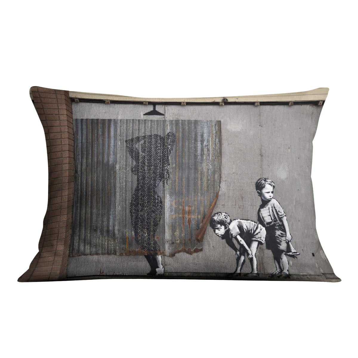 Banksy Woman In Shower Cushion featuring vibrant abstract design on luxurious vegan faux suede.