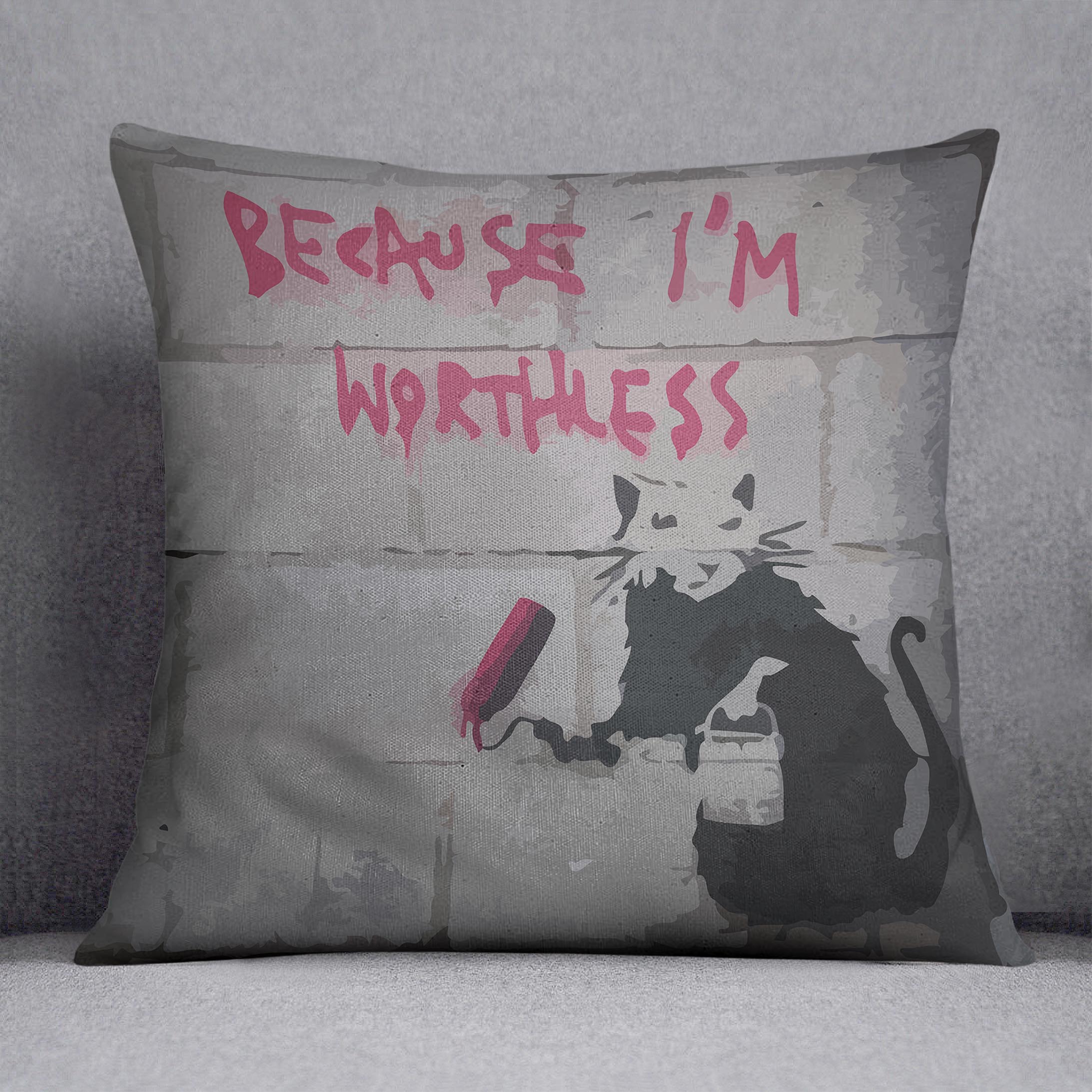 Banksy Worthless Rat Cushion featuring vibrant abstract design on luxurious vegan faux suede.