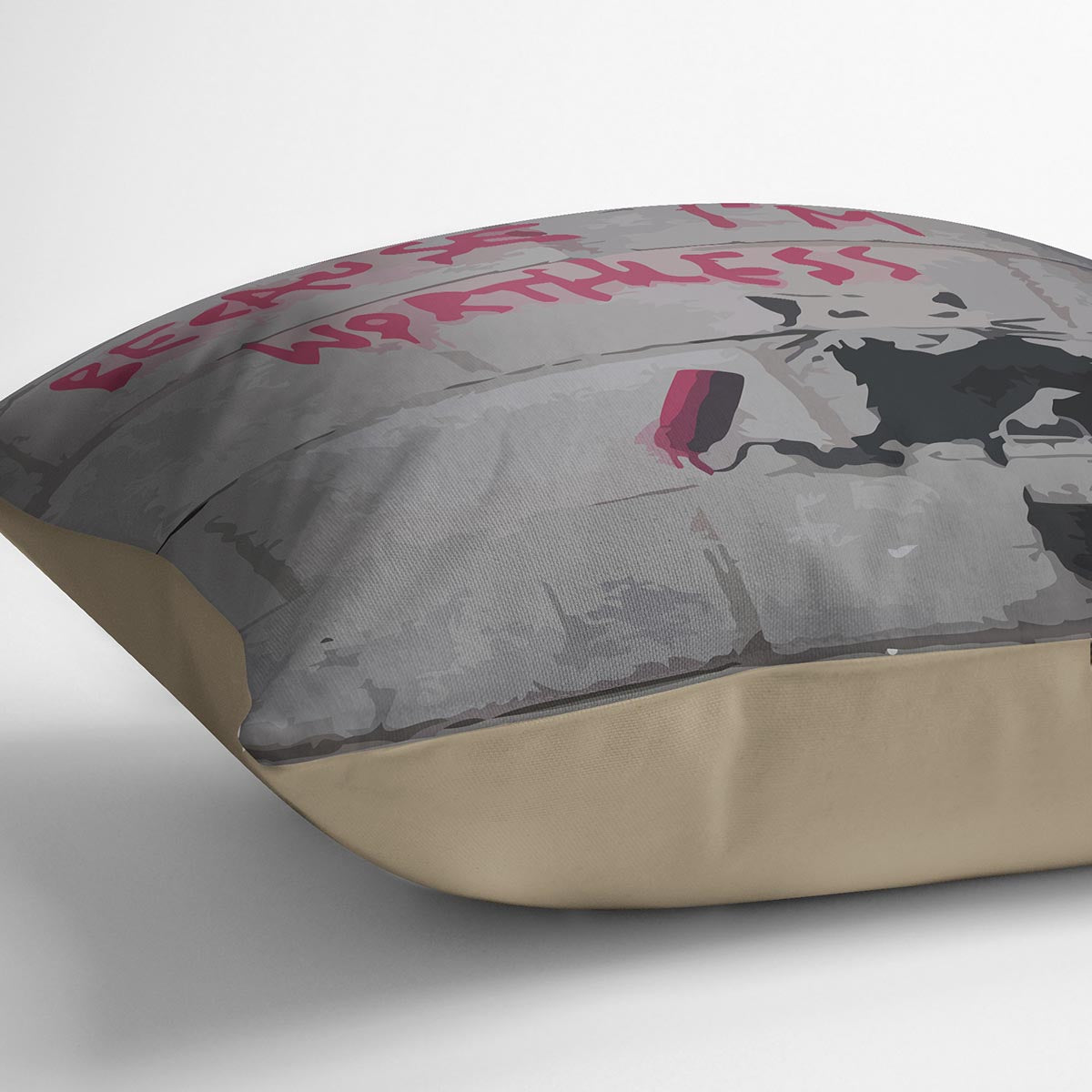 Banksy Worthless Rat Cushion featuring vibrant abstract design on luxurious vegan faux suede.