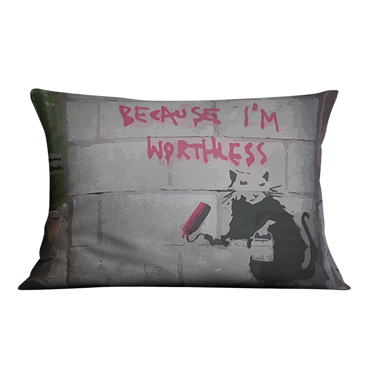 Banksy Worthless Rat Cushion featuring vibrant abstract design on luxurious vegan faux suede.