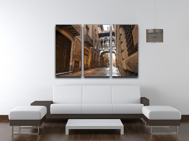 A beautiful 3-panel canvas print depicting the Gothic quarter of Barcelona, showcasing intricate architectural details and vibrant colors.