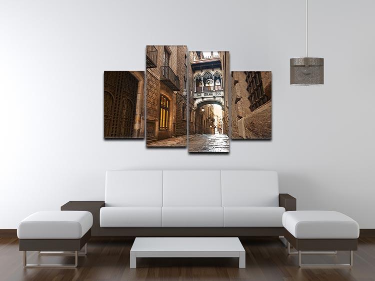 A stunning 4-split canvas artwork depicting the Gothic Quarter of Barcelona, featuring intricate architecture and vibrant colors.