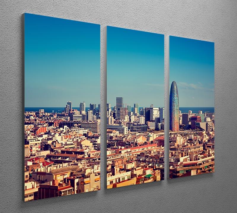 Three-panel canvas print featuring the Barcelona skyline with skyscrapers, showcasing vibrant colors and modern design.
