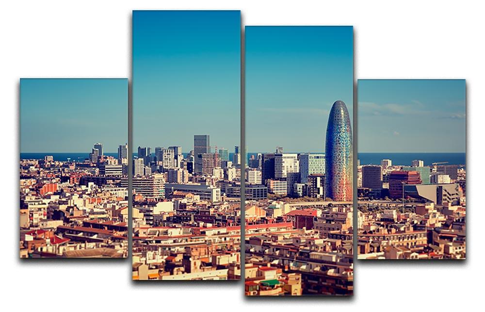 A vibrant 4-split canvas artwork depicting the Barcelona skyline with skyscrapers, showcasing a dynamic and modern design.