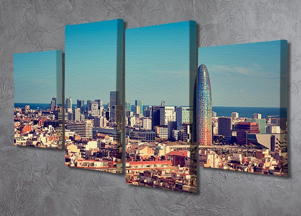 A vibrant 4-split canvas artwork depicting the Barcelona skyline with skyscrapers, showcasing a dynamic and modern design.