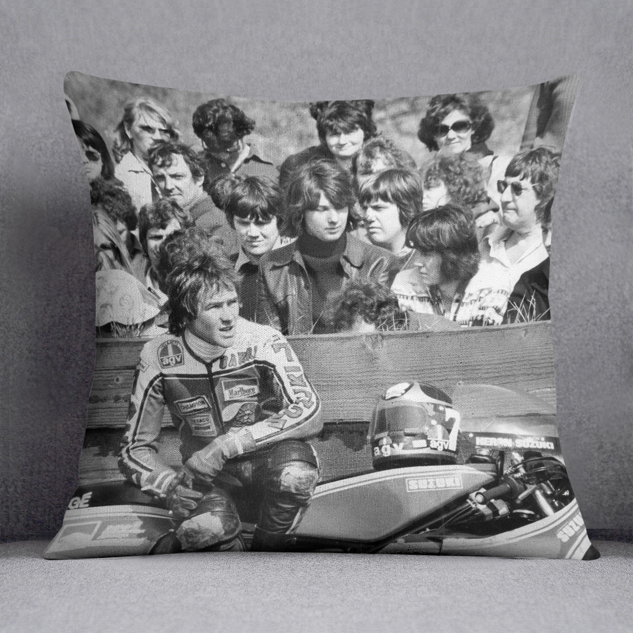 Barry Sheene motorcycle racer cushion featuring vibrant abstract designs on luxurious vegan faux suede.