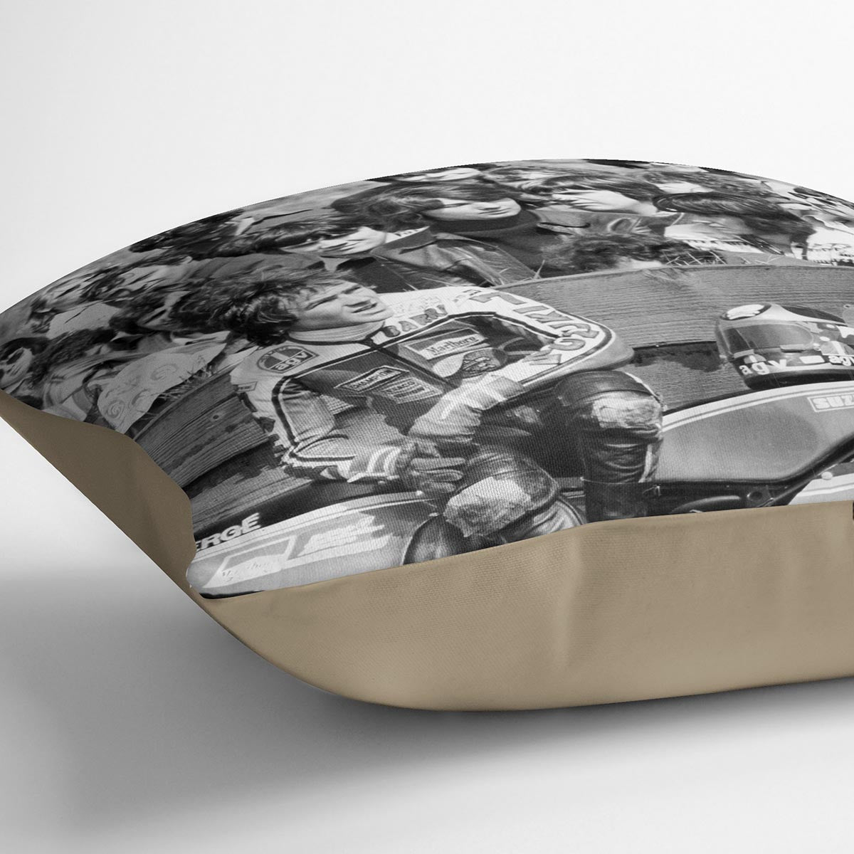 Barry Sheene motorcycle racer cushion featuring vibrant abstract designs on luxurious vegan faux suede.