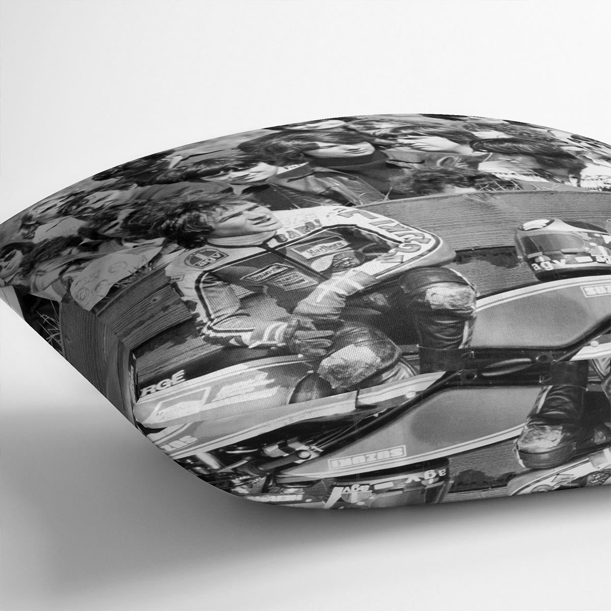 Barry Sheene motorcycle racer cushion featuring vibrant abstract designs on luxurious vegan faux suede.