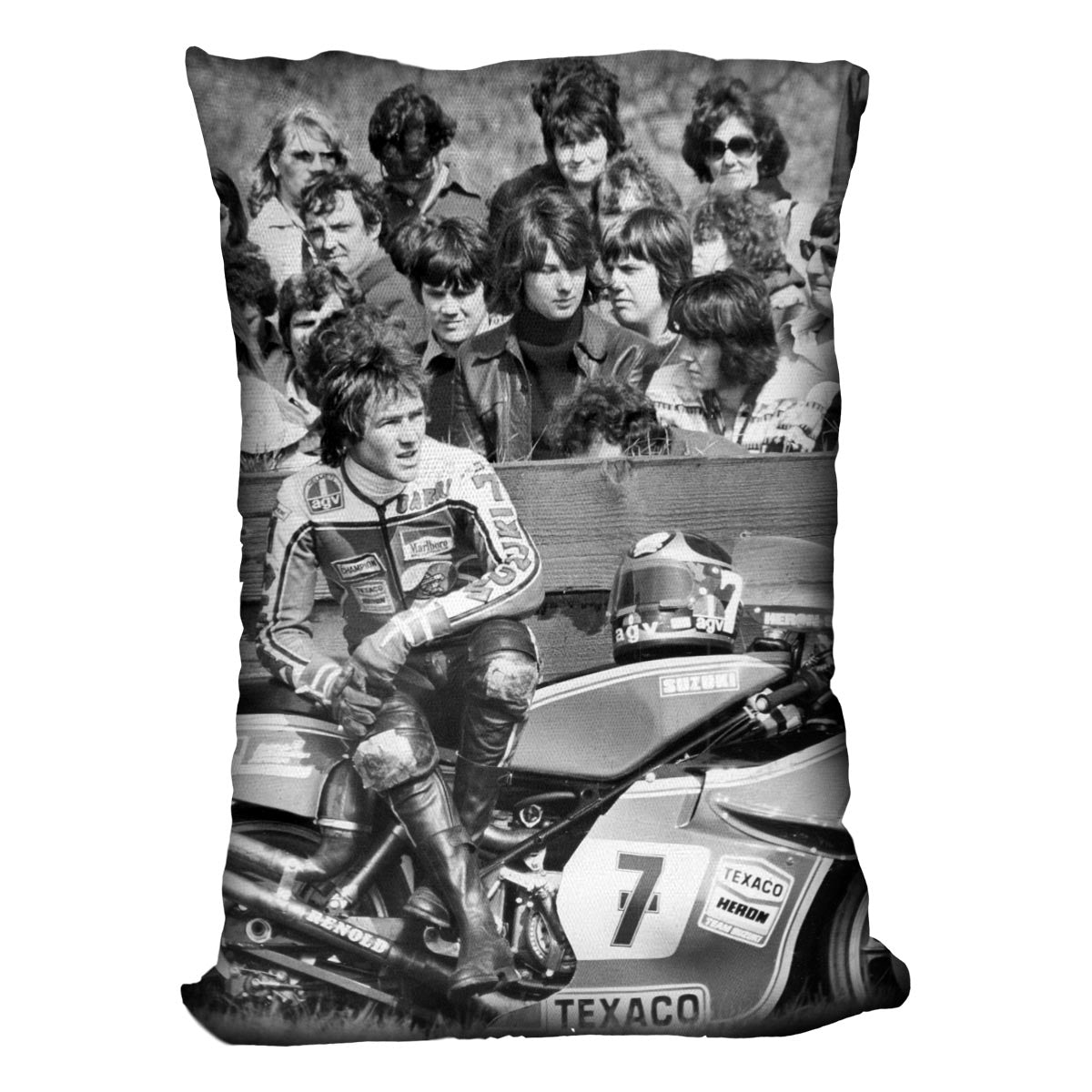 Barry Sheene motorcycle racer cushion featuring vibrant abstract designs on luxurious vegan faux suede.