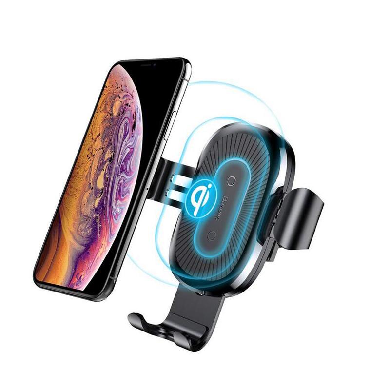 Baseus Car Phone Wireless Charger mounted on air vent, showcasing its sleek design and gravity-locking feature.