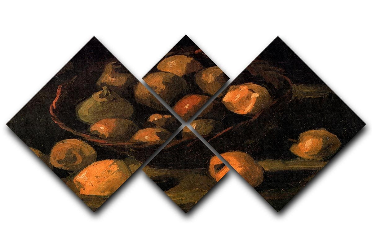 A multi-panel canvas artwork featuring Van Gogh's Basket of Apples, divided into four equal squares, showcasing vibrant colors and intricate details.