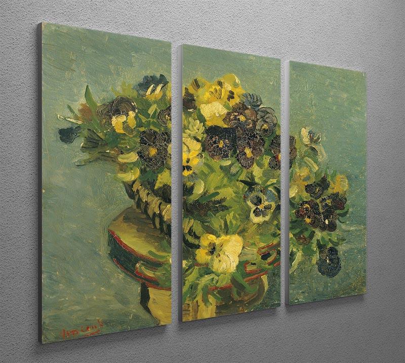 Three-panel canvas art featuring Van Gogh's Basket of Pansies, elegantly displayed on a small table.