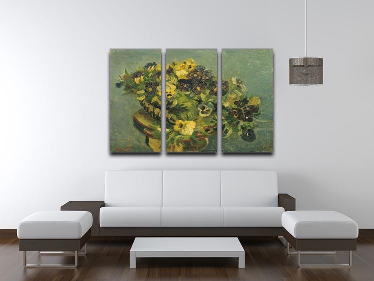 Three-panel canvas art featuring Van Gogh's Basket of Pansies, elegantly displayed on a small table.