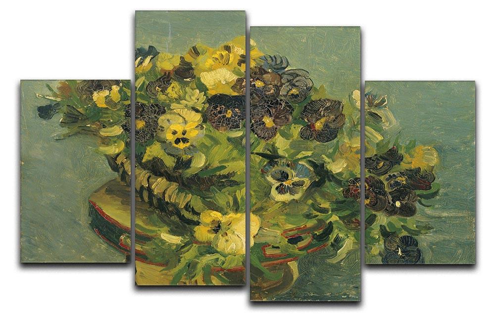 A beautiful 4 split panel canvas artwork featuring Van Gogh's Basket of Pansies, showcasing vibrant colors and intricate details.