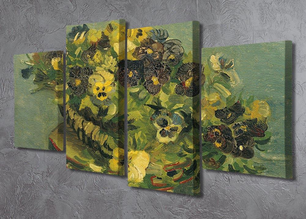 A beautiful 4 split panel canvas artwork featuring Van Gogh's Basket of Pansies, showcasing vibrant colors and intricate details.