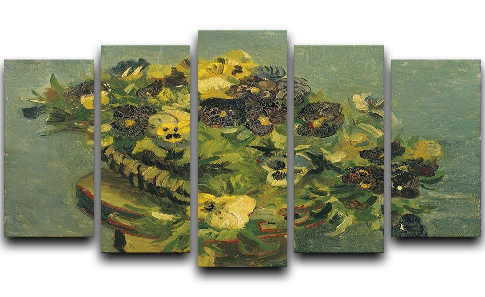 A vibrant 5 split panel canvas artwork featuring Van Gogh's Basket of Pansies, showcasing colorful flowers on a small table.