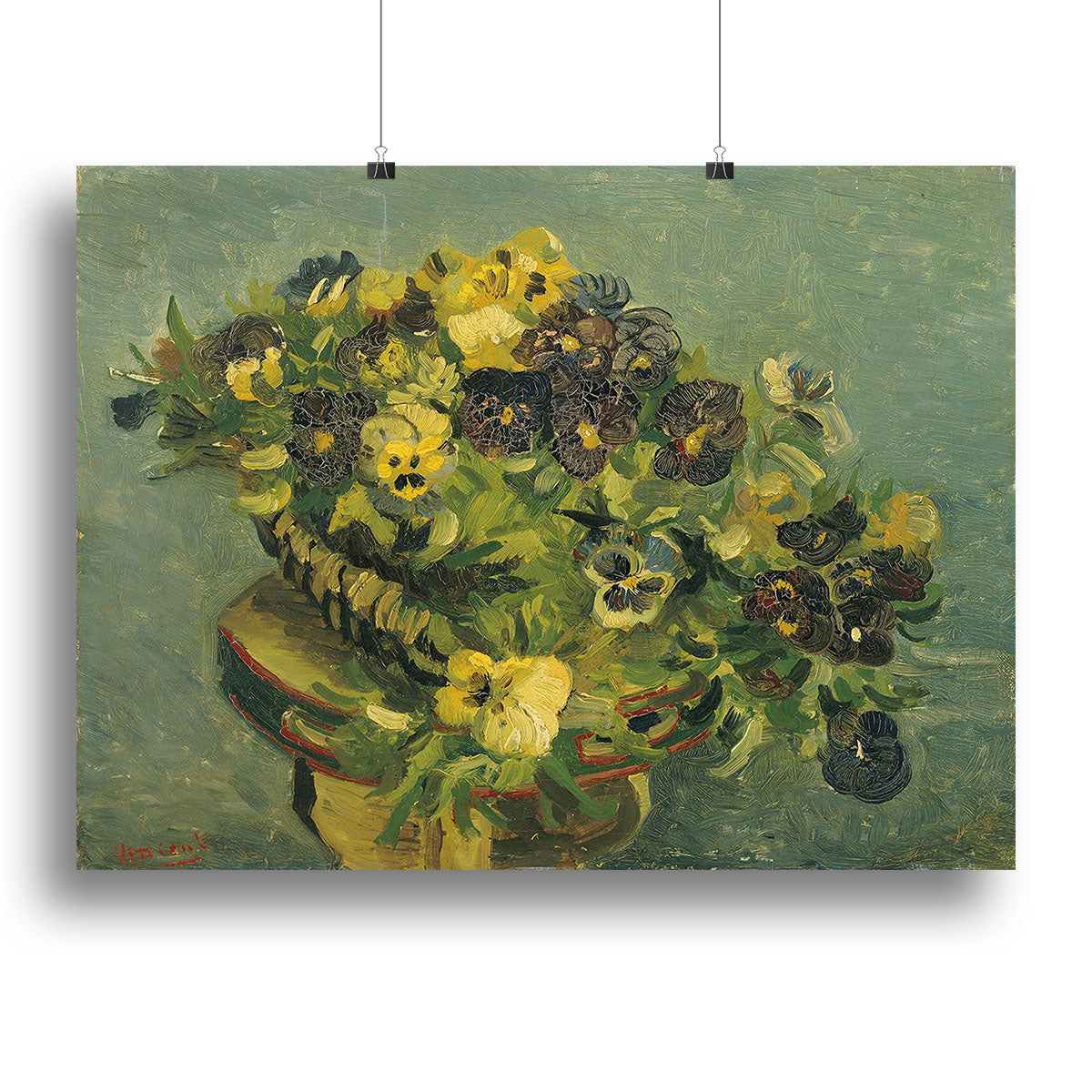 A vibrant canvas print of Van Gogh's Basket of Pansies, showcasing colorful flowers in a basket on a small table.