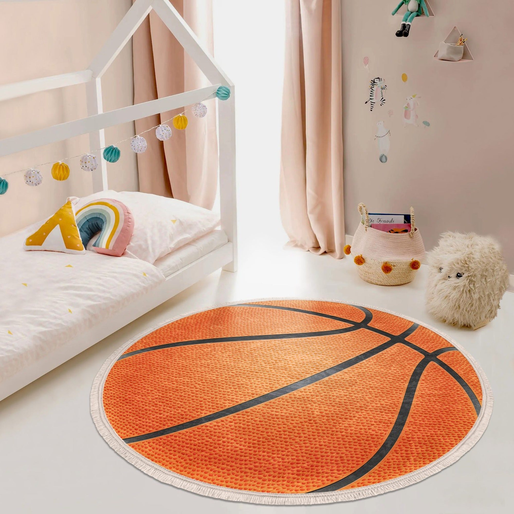 Round rug featuring a vibrant basketball ball pattern, perfect for kids' rooms and game areas.