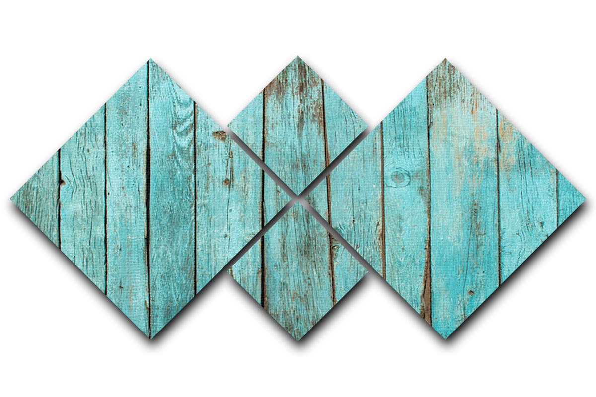Battered old wooden blue 4 square multi panel canvas artwork displayed on a wall, showcasing rustic charm and artistic design.