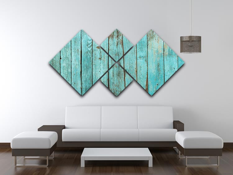 Battered old wooden blue 4 square multi panel canvas artwork displayed on a wall, showcasing rustic charm and artistic design.