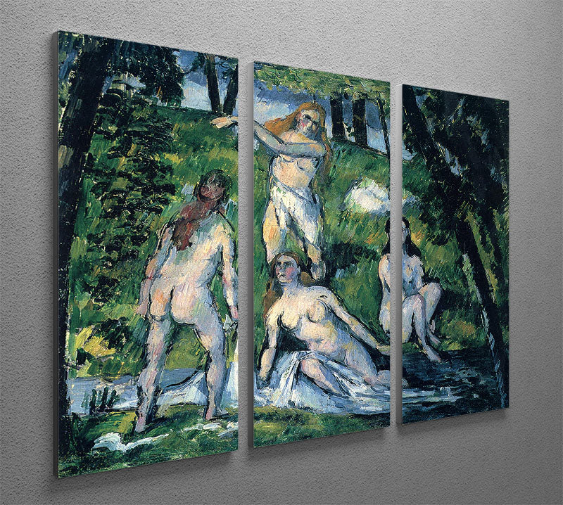 Three-panel canvas print featuring Bathers by Cezanne, showcasing vibrant colors and artistic detail.