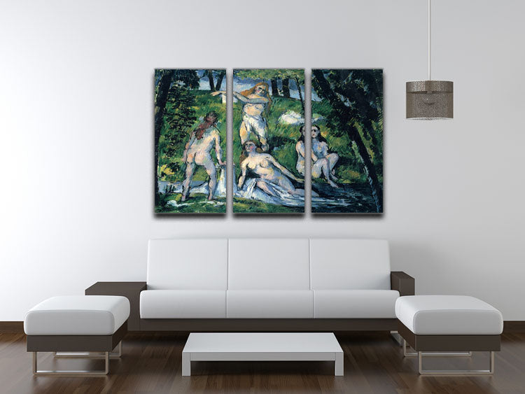 Three-panel canvas print featuring Bathers by Cezanne, showcasing vibrant colors and artistic detail.