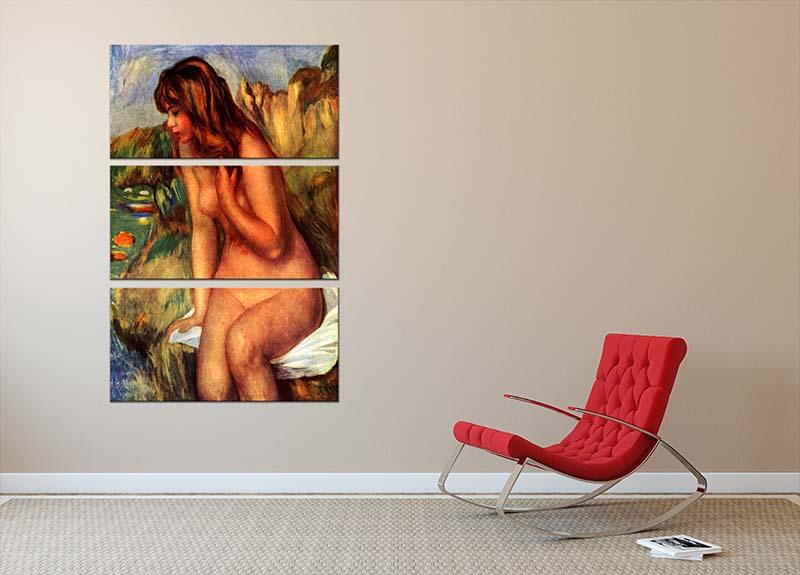 Three-panel canvas print of Renoir's Bathing sitting on a rock, showcasing vibrant colors and intricate details.