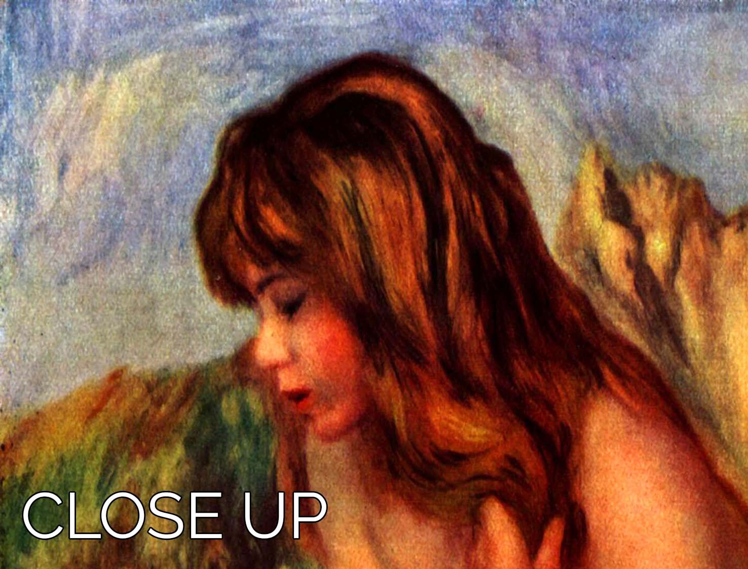 Three-panel canvas print of Renoir's Bathing sitting on a rock, showcasing vibrant colors and intricate details.